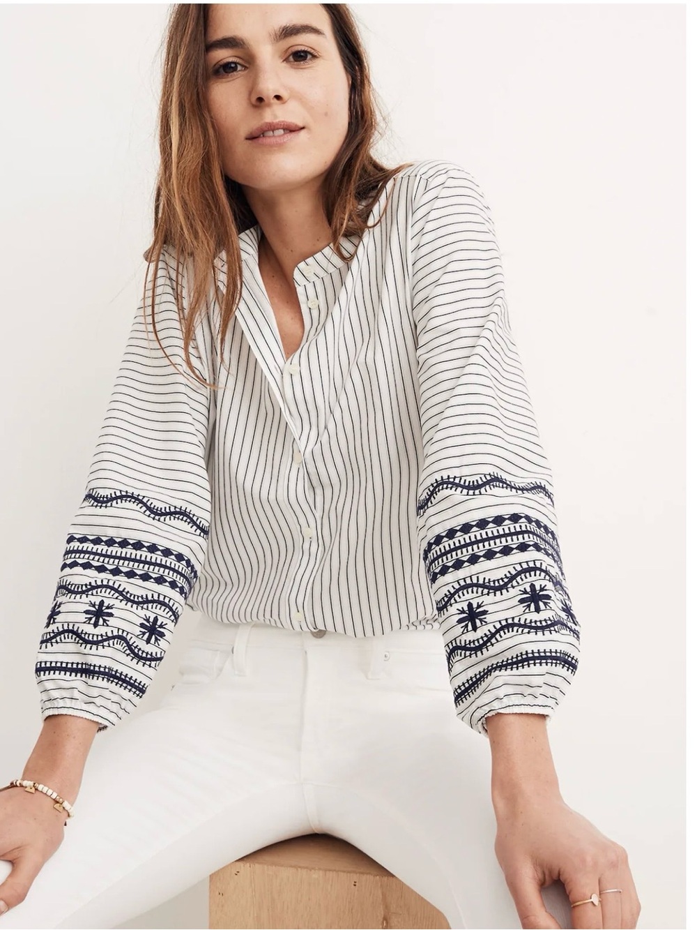 Madewell White Blouse with Navy Embroidered Balloon Sleeves - Picture 1 of 9